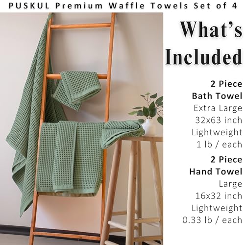 PÜSKÜL Natural 100% Turkish Cotton Waffle Towels Set of 4-Piece, Sage Green | 2-Bath sheet (Extra-large 32x63") and 2-Hand towel (Large 32x16"). Premium honeycomb-waffle weave, oeko-tex made in Turkiye. - color: Sage Green