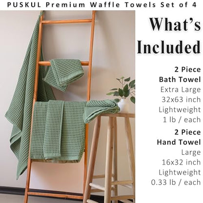 PÜSKÜL Natural 100% Turkish Cotton Waffle Towels Set of 4-Piece, Sage Green | 2-Bath sheet (Extra-large 32x63") and 2-Hand towel (Large 32x16"). Premium honeycomb-waffle weave, oeko-tex made in Turkiye. - color: Sage Green
