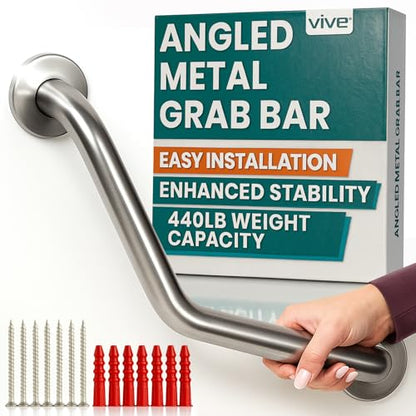 Vive Angled Shower Grab Bar (Supports 440lbs) - ADA Compliant Tub | Bathroom, Bathtub Safety Assist Rail for Handicap, Seniors, Elderly - 16in Grip Handle for Bath and Toilet - Brushed Nickel