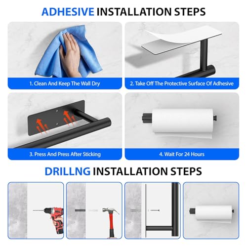 Paper Towel Holder Under Cabinet, Self-Adhesive,No Drilling, Stainless Steel, Wall-Mounted for Kitchen and Bathroom, Easy Install, Durable, Space-Saving, Ideal for Home, RV (Black, 1 Pack) - color: Black