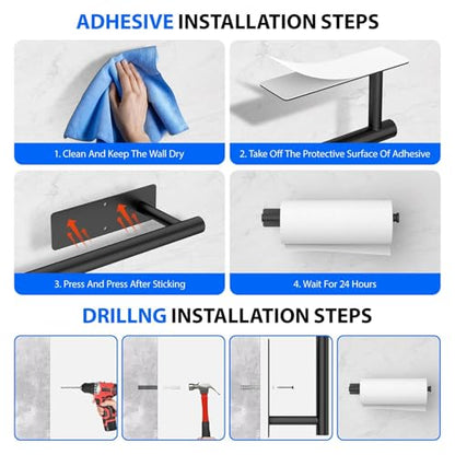 Paper Towel Holder Under Cabinet, Self-Adhesive,No Drilling, Stainless Steel, Wall-Mounted for Kitchen and Bathroom, Easy Install, Durable, Space-Saving, Ideal for Home, RV (Black, 1 Pack) - color: Black