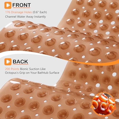 Yimobra Non Slip Bathtub Mat 40 x 16 Inch, Extra Long Shower Mat with Drain Holes, Machine Washable Baby Bath Mats, Strong Suction Cups for Bathroom Floor, Clear Brown - color: Clear Brown