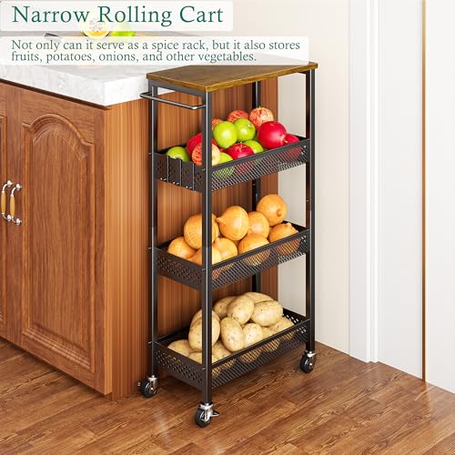 XYZLVSI Slim Rolling Storage Cart, 4 Tier Small Bathroom Cart Organizer | 9.1" W narrow storage cabinet with wooden top and metal handle, ideal for kitchen/dorm, between washer and dryer storage - size: 16.7"Dx9.1"Wx34"H