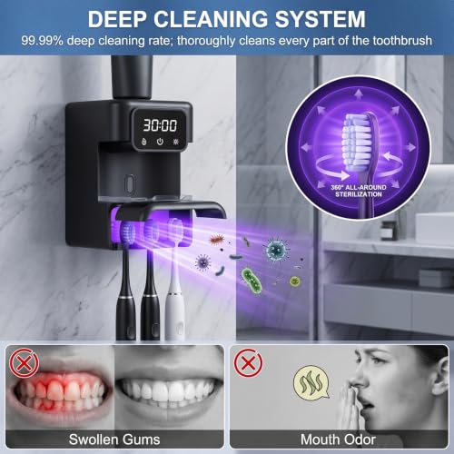 Wall-Mounted Automatic Toothpaste Dispenser, Toothbrush Cleaner with Sensor-Activated Design, Toothbrush Holder with Removable Slots & Smart Display, Toothpaste Dispenser for Kids & Adult (Black2.0) - color: Black2.0