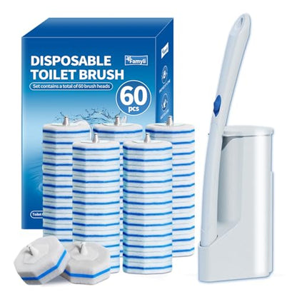 Disposable Toilet Brush Set with 60 Replacement Heads, Toilet Cleaning Replacement Pads, Starter Kit with Storage Case for Deep Cleaning and Hygienic Bathroom Maintenance