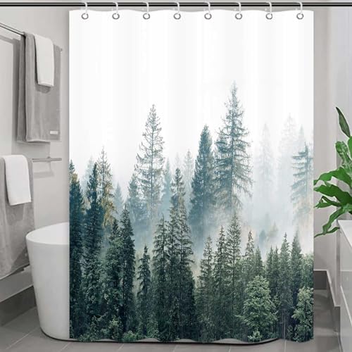 RV Shower Curtain Nature Forest Mountain Camper Shower Curtains for Travel Trailer Bathroom Woodland Tree Camping Bath Accessories Set with Hooks 48 x 72 Inches - color: Green, size: 48"W x 72"L (Pack of 1)