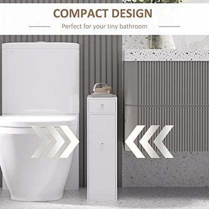 HOMCOM Bathroom Floor Organizer Free Standing Narrow Storage Cabinet White | Wooden, Space Saving, Bath Toilet Paper Holder, with Drawers