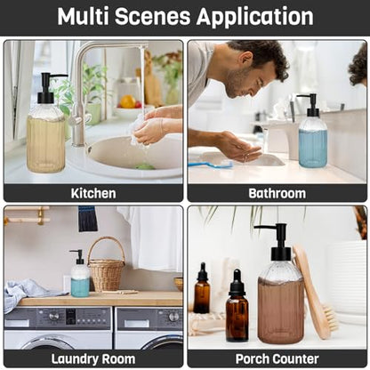 2 Pack Glass Soap Dispenser with Pump, 13.5oz Refillable Soap Dispensers with Vertical Stripe for Hand Wash & Dish Wash, Elegant Bathroom Soap Dispenser for Dishwashing Liquid, Lotion - color: Clear