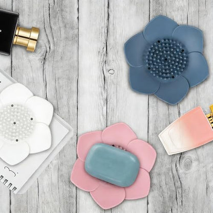 3 Pack Soap Dish, Bar Soap Holder, Bathroom Soap Tray with Drain, Lotus Silicone Soap Holder for Bathroom Shower (Blue, Pink, White) - color: Blue, Pink, White