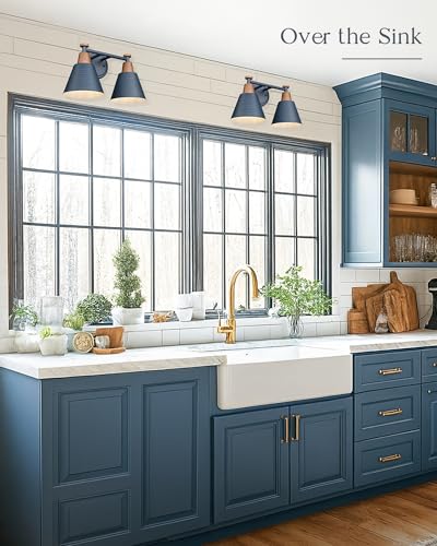 FEMILA 2 Light Bathroom Vanity Light, 15" Modern Bathroom Lighting Fixtures Over Mirror, with Woodgrain Finsih, 4FG59B-2W Blue-NW - color: Navy Blue & New Woodgrain, size: 15"