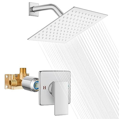 Heyalan 8-Inch Square Rain Shower Faucet Set with Valve, Polished Chrome | SUS304 stainless steel shower head, male NPT 1/2-inch valve, single-handle control, adjustable angle, 1.8 GPM - color: Chrome