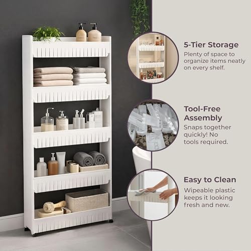 Lavish Home Slim Rolling Storage Cart, White, 21.5” x 5” x 52” - size: 5-Tier