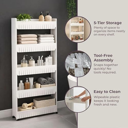 Lavish Home Slim Rolling Storage Cart, White, 21.5” x 5” x 52” - size: 5-Tier