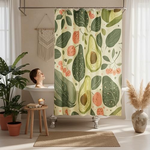 Tropical Fruits Linen Boho Shower Curtain Set with Liner,72" Wx72 L | Double Layer Shower Curtain Waterproof Fabric with Zippered Removable PEVA Liner,Boho Shower Curtain for Bathroom,Free Hooks - color: Avocado