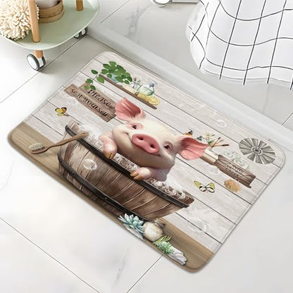 Funny Pig Bathroom Rugs Farmhouse Animal in Bathtub Farm Rustic Bathing Bubbles Cute Country Wooden Positive Word Bath Mat Bedroom Kitchen Toilet Floor Doormat 16x24 - size: 16x24