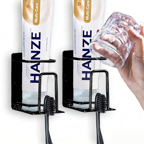 HANZE Toothbrush Holder 304 Stainless Steel Adhesive Wall Mounted 3 in 1 with Toothbrush Holder Toothpaste Holder and Cup Holder for Bathroom Shower, 2 Pack(Black) - color: 2 Pack Black