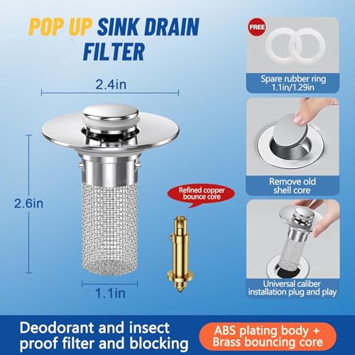 Bathroom Sink Drain Strainer with Pop Up Stopper, Stainless Steel Removable Filter Basket Hair Catcher, Anti-Clog Sink Drain Filter for Bathroom Sink (1 Pack)