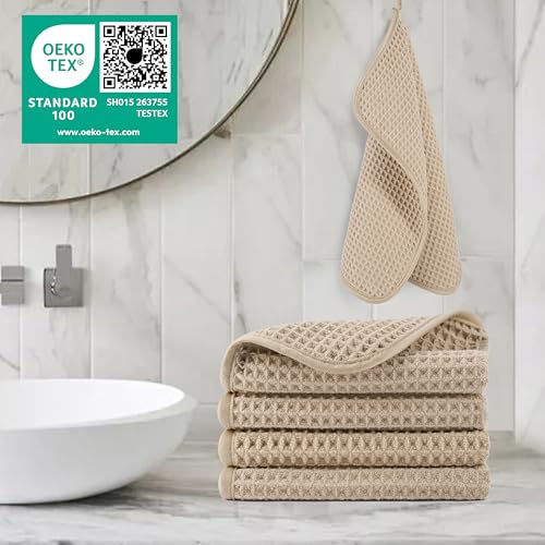 POLYTE 430 GSM Microfiber Lint Free Washcloth Face Towel, 13 x 13 in, 4 Pack (Waffle Weave) - color: Beige