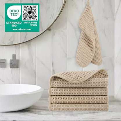 POLYTE 430 GSM Microfiber Lint Free Washcloth Face Towel, 13 x 13 in, 4 Pack (Waffle Weave) - color: Beige