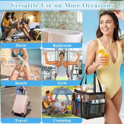 Mesh Shower Caddy, Portable Black Beach Tote Bag for Bathroom Dorm Essentials, Quick Dry Toiletry Organizer Large with 2 Handles 9 Pockets for Swim Pool Gym College Camp Travel Women Men Basket Bag