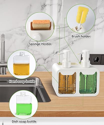 Kitchen Hand Soap and Dish Soap Dispenser Set, Dual Soap Dispenser with Sponge Caddy and Brush Holder 4-in-1 Organizer for Sink Countertop, Useful Kitchen Gadgets - White - color: White
