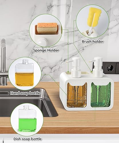 Kitchen Hand Soap and Dish Soap Dispenser Set, Dual Soap Dispenser with Sponge Caddy and Brush Holder 4-in-1 Organizer for Sink Countertop, Useful Kitchen Gadgets - White - color: White