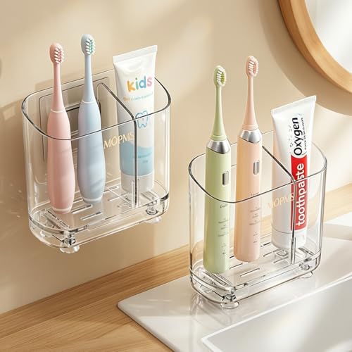 MOPMS Toothbrush Holders with Drainage for Bathrooms Countertop Organizer | 2 Slots Electric Toothbrush Holder Wall-Mount with Divider for Easy Clean, Tooth Brush and Toothpaste Holder for Bathroom - color: Clear, size: 2-pcs