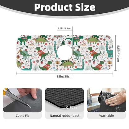 Dinosaur Christmas Happy New Year Kitchen Sink Splash Guard Faucet Mat Super Absorbent Fast Drying Mat Sink Gadgets-Fast Drying Pad Sink Mat For Kitchen Bathroom (15" X 5.5" ) - color: Dinosaur