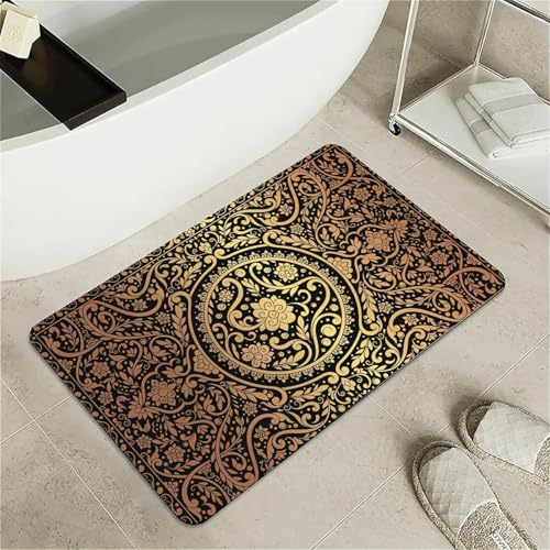 Bath Mat Rug,Black Gold Flower Non Slip Quick Dry Super Absorbent Thin Bathroom Rugs Fit Under Door-Easy to Clean Bathroom Floor Mats-Shower Rug for Shower Sink Bathtub(16" x 24"in) - color: Black Gold Flower, size: 1'4" x 2'(Rectangular)