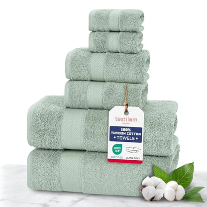 TEXTILOM 100% Turkish Cotton 6 Pcs Luxury Bath Towels, Soft & Absorbent Bathroom Towels Set (2 Bath Towel, 2 Hand Towel, 2 Washcloths)- Green - color: Green, size: 6 Pcs Towel Set