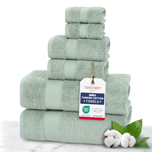 TEXTILOM 100% Turkish Cotton 6 Pcs Luxury Bath Towels, Soft & Absorbent Bathroom Towels Set (2 Bath Towel, 2 Hand Towel, 2 Washcloths)- Green - color: Green, size: 6 Pcs Towel Set