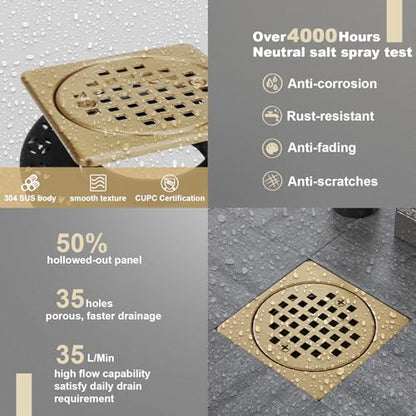 Champagne Bronze 4 inch Square Floor Drain Grate Kit with Adjustable Collar | Compatible with Schluter Kerdi Drain Flange, SUS304 Stainless Steel Removable Square Floor Drain with ABS Flange - color: Champagne Bronze
