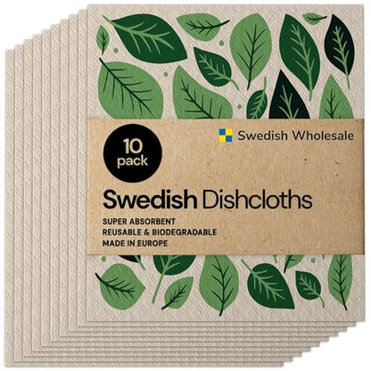 Swedish Wholesale Dishcloths Reusable 8" x 7" Sponge Cloths, Bulk 10 Pack of High Absorbent Cellulose Dish & Kitchen Cleaning Hand Towels, Wring to Dry & Machine Wash, Odor Resistant, Leaves - color: Leaves