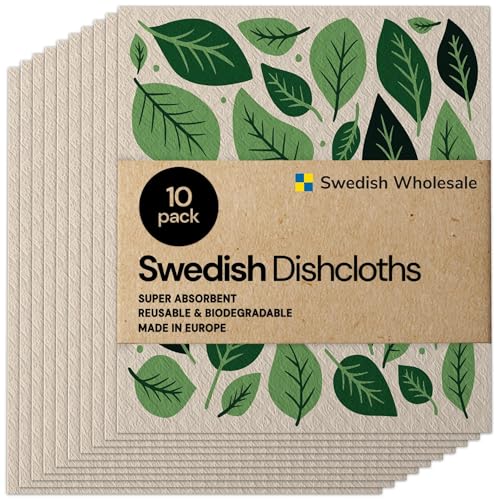 Swedish Wholesale Dishcloths Reusable 8" x 7" Sponge Cloths, Bulk 10 Pack of High Absorbent Cellulose Dish & Kitchen Cleaning Hand Towels, Wring to Dry & Machine Wash, Odor Resistant, Leaves - color: Leaves
