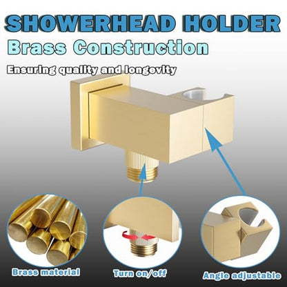 Bathroom Brass Water Supply Elbows Wall Mount Hand Held Shower Head Bracket with On/Off Flow Control Holder Angle Adjustable, Brushed Gold - color: brushed gold