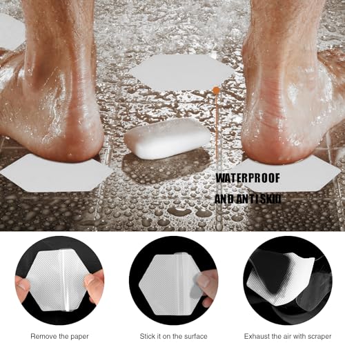 Secopad Bathtub Stickers Non-Slip, 12 PCS White Hexagon Safety Shower Treads Adhesive Appliques with Premium Scraper - color: White