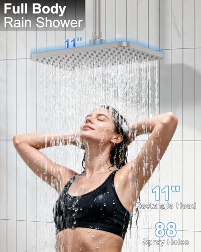 KOJOX Brushed Nickel Dual Shower Head System – 11" Ceiling Rainfall + 6" Wall Mount Heads, 6-Mode Handheld Spray, Push-Button Diverter Faucet Set - color: Brushed Nickel, size: 6''+11''