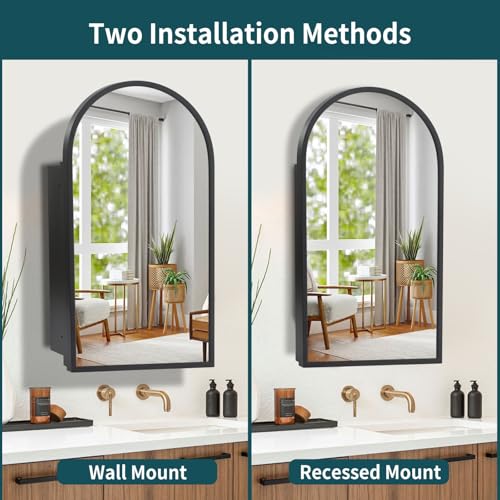 Movo Arched Black Medicine Cabinet with Mirror 16 x30 Inch | Metal Framed Bathroom Mirror Medicine Cabinet Wall Mounted,Recessed Medicine Cabinets for Bathroom with 2 Removable Shelves - size: 4.72"D x 16"W x 30"H
