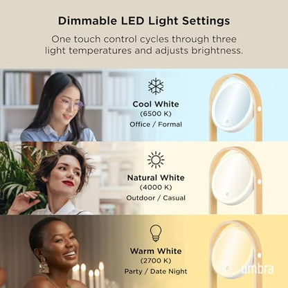Umbra Bellwood Vanity Mirror, LED Double-Sided Magnifying, White/Natural | Glass frame, three light temperatures, touch sensor dimming, integrated storage tray, USB-C powered