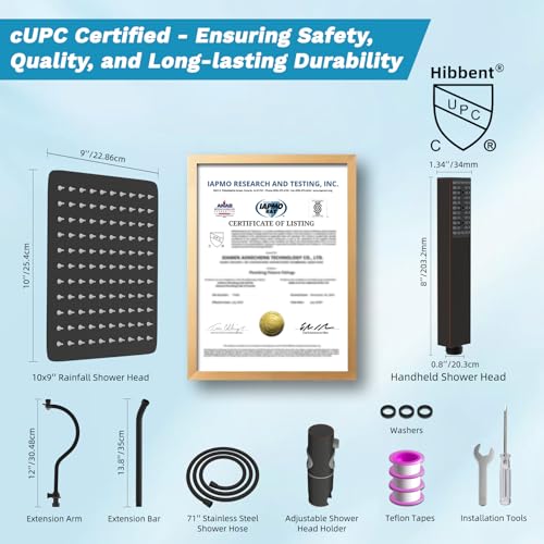 Hibbent 10'' Rainfall Shower Head with 4-Spray Handheld, Oil Rubbed Bronze | High Pressure Showerhead Combo, 12'' Adjustable Extension Arm, Extension Bar, Easy Reach Holder, 71'' Hose - color: Oil Rubbed Bronze, style: Square 10''