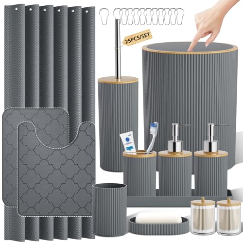 Gray Bathroom Accessories Set, 25 Pcs Bathroom Decor Set with Shower Curtain, Rugs, Trash Can, Soap Dispenser, Toothbrush Holder, Tumbler, Soap Dish, Storage Jars and Hooks for Guest Bath - color: Grey & Wood, size: Bath Set&Shower Curtain&Bath Rugs