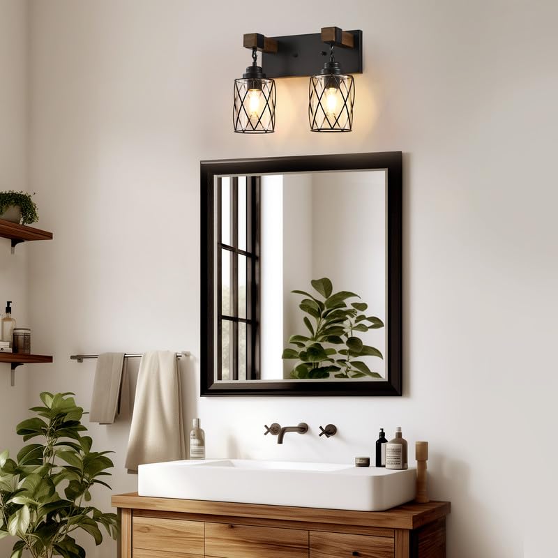 Bathroom Light Fixtures,Farmhouse Black Metal with Glass Shade | 2 Light Rustic Vanity Lights, Wood Accent Wire Cage Design, Mounts Over Mirror, Ideal for Bedroom & Hallway,Easy to Install - size: 2-Light