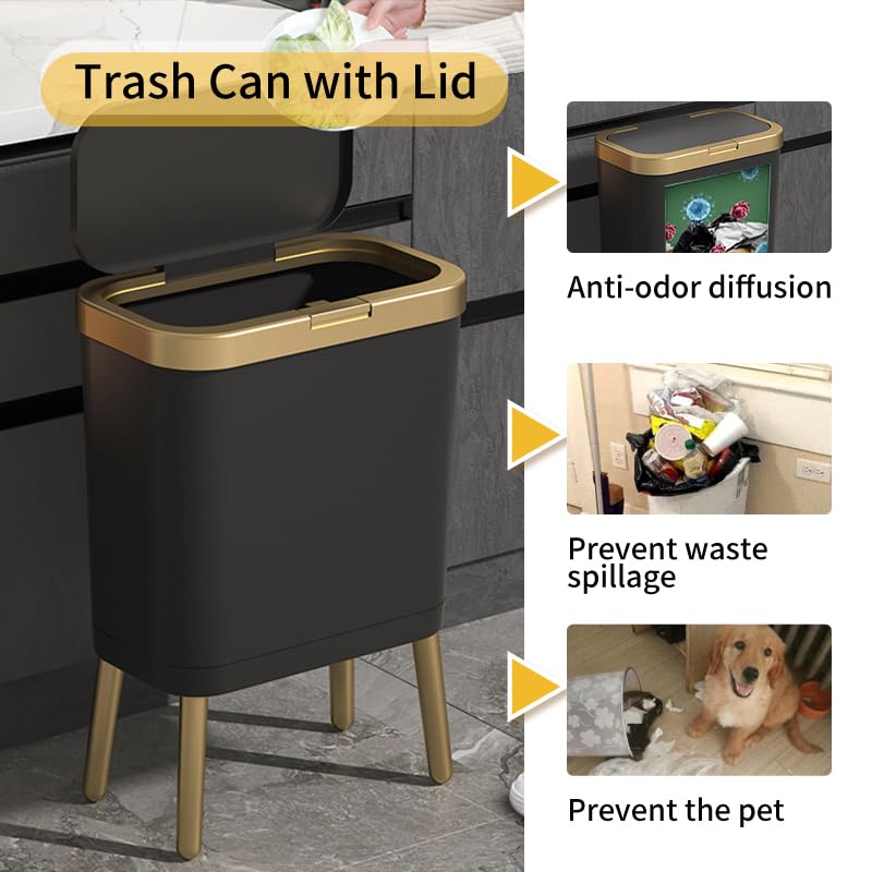 Procade Office Trash Can with Lid, Black Bathroom Trash Can with Gold Edge, Modern Narrow Garbage Can with Legs, Slim Plastic Trash Bin for Bedroom, Living Room,Kitchen,Toilet, 4 Gallon - color: Black