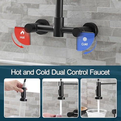 AIMADI Wall Mount Kitchen Faucet,Matte Black Kitchen Sink Faucet | with Pull Down Sprayer,8 inch 2 Handle Commercial Faucet for Kitchen Laundry Room Restaurant - color: Matte Black