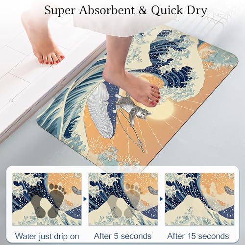 Funny Cat Riding Shark Bath Mat, Japanese Ocean Waves Bathroom Rugs, Absorbent Bath Rug Floor Rug Carpet for Bathroom Bathtub Bedroom Living Room, 17 x 29.5 Inches - color: Funny Cat Riding Shark
