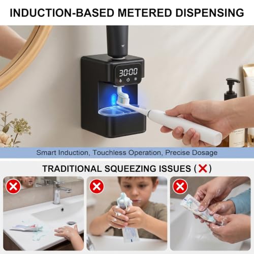 Wall-Mounted Automatic Toothpaste Dispenser, Toothbrush Cleaner with Sensor-Activated Design, Toothbrush Holder with Removable Slots & Smart Display, Toothpaste Dispenser for Kids & Adult (Black2.0) - color: Black2.0