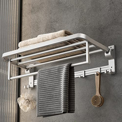 24 Inch Towel Rack with Towel Bar Holder Foldable Towel Shelf with Movable Hooks Rustproof Towel Storage Wall Mount for Bathroom Lavatory Silver - color: Silver