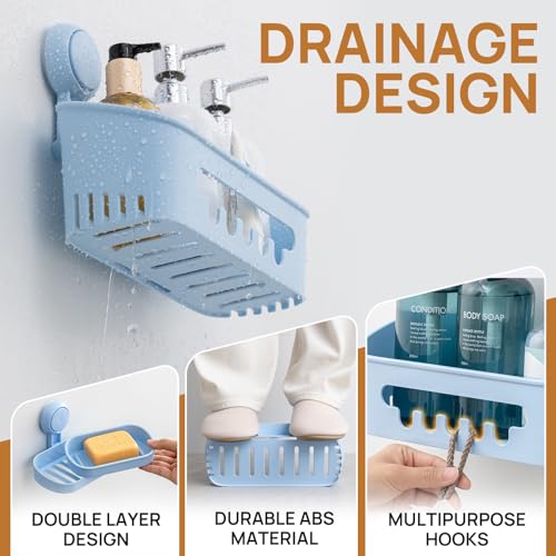 Shower Caddy Suction Cup Set Shower Organizer & Soap Holder, Blue | Toothbrush Holder, Bathroom Shelf Basket NO-Drilling, Removable Shower Storage, Waterproof Bathroom Holder - color: 3 × Blue