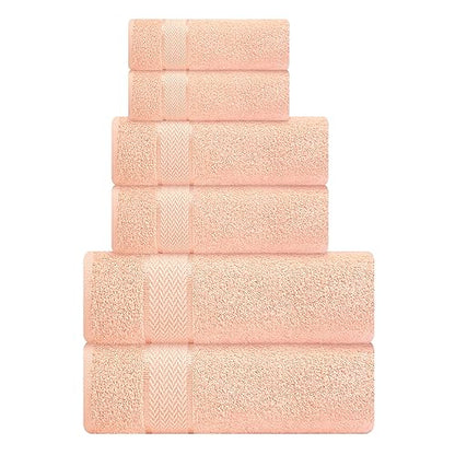 6 Piece 100% Cotton Bath Towel Set -2 Bath 2 Hand 2 Face, Peach | 100% Cotton • Thick & Plush • Hotel Quality • Ultra Soft • Highly Absorbent • Quick Dry • Low Lint • Machine Washable - color: Peach