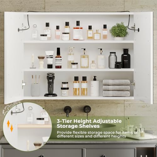 DICTAC Medicine Cabinet with Mirrors and Storage 31.5''x23.6'' Wall Mounted Bathroom Mirror Cabinets with Led Lights Double Doors Mirror Lighted Medicine Cabinets with Adjustable Storage Shelf,White - size: 31.5x23.62 inch